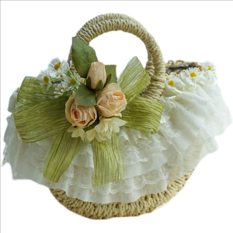 Woven Straw Bag - Country tarzı Lolita dantel hasır dokuma
