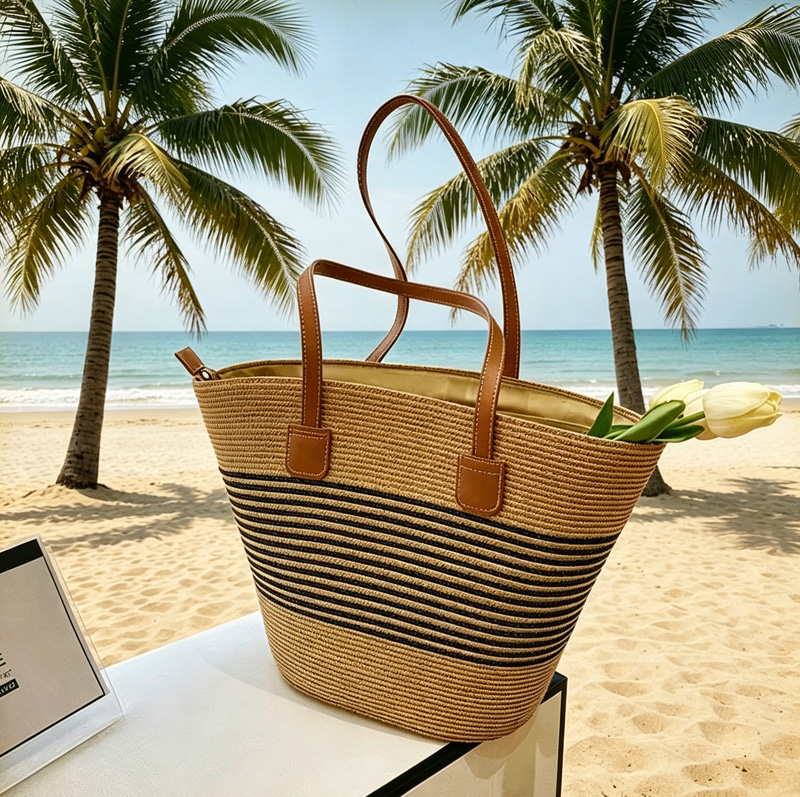 Woven Straw Bag - CLAREGQI Kadın Çizgili Hasır Çanta, Büyük