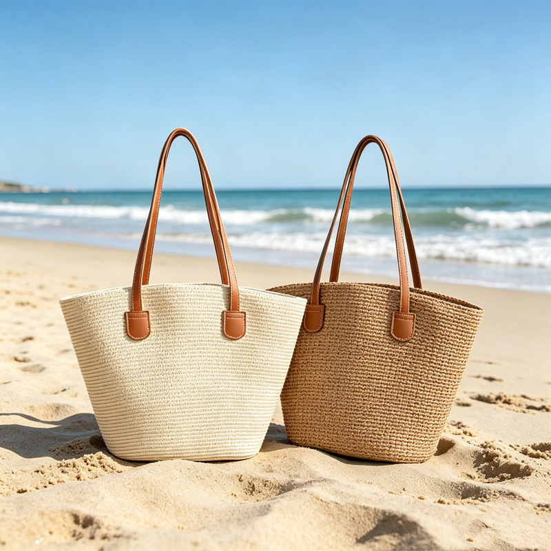 Woven Straw Bag - CLAREGQI Kadın Düz Renk Hasır Çanta,