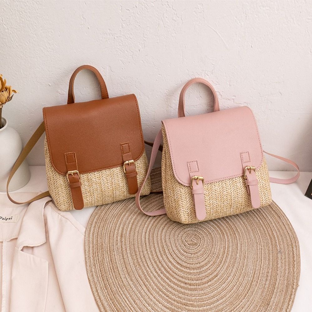 Woven Straw Bag - Moda PU Deri Hasır Sırt Çantası